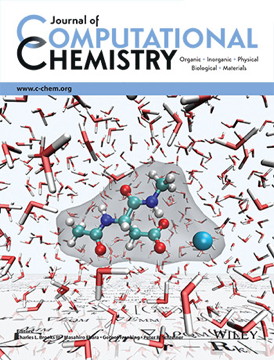 The journal cover shows a calcium ion coordinating to aspartate, a model for proteins in aqueous solution used by the authors to demonstrate features of the software. The multi-scale QM/MM equations governing the implementation are visible on the surface that extends to the horizon.