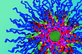 The new MIT nanoparticles consist of polymer chains (blue) and three different drug molecules  doxorubicin is red, the small green particles are camptothecin, and the larger green core contains cisplatin.

Image courtesy of Jeremiah Johnson