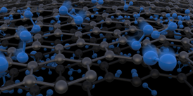 Artists rendering of the two-layered graphene membrane (grey honeycomb structure) with molecules (blue) being able  as a function of their size  to pass the pores.Illustration: Ben Newton / ETH Zurich