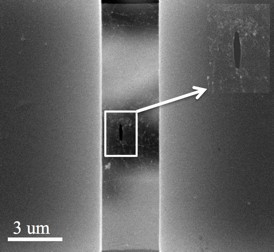 An electron microscope image shows a pre-crack in a suspended sheet of graphene used to measure the overall strength of the sheet in a test at Rice University. Rice and Georgia Tech scientists performed experiments and theoretical calculations and found that graphene, largely touted for its superior physical strength, is only as strong as its weakest point.Credit: The Nanomaterials, Nanomechanics and Nanodevices Lab/Rice University