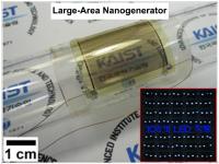 This is a photograph of large-area PZT thin film nanogenerator (3.5 cm  3.5 cm) on a curved glass tube and 105 commercial LEDs operated by self-powered flexible piezoelectric energy harvester.

Credit: KAIST