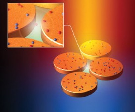 Rice's SECARS molecular sensor contains an optical amplifier made of four gold discs arranged in a diamond-shaped pattern. A two-coherent-laser setup amplifies the optical signatures of molecules in the center of the structure as much as 100 billion times. Credit: Y. Zhang/Rice University
