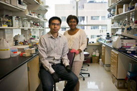 MIT professor Paula Hammond (right) and Bryan Hsu PhD' 14 have developed a nanoscale film that can be used to deliver medication, either directly through injections, or by coating implantable medical devices.

Photo: Dominick Reuter