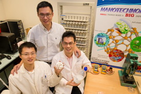 (Clockwise from top) NTU Assoc Prof Chen Xiaodong with research fellow Tang Yuxin and PhD student Deng Jiyang