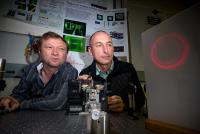 Dr. Vladlen Shvedov (L) and Dr. Cyril Hnatovsky adjust the hollow laser beam in their lab at the Australian National University.

Credit: Stuart Hay, ANU