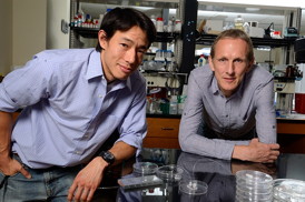 Andrew Wong, left, a materials science and engineering doctoral student, developed the metastasis research device with his faculty adviser, Peter Searson. Image: Will Kirk / Homewoodphoto.jhu.edu