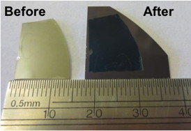 Image of the thin film on the original growth substrate (left) and after being transferred (right). Photo credit: Linyou Cao.