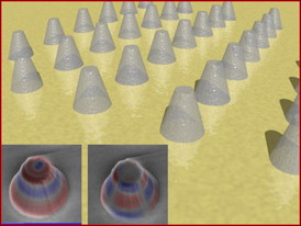 Periodic arrays of cone-shaped hexagonal boron nitride (hBN) nanoantennas, depicted magnified image above, were used to confine hyperbolic polaritons in all three dimensions. This enabled the researchers to fundamentally probe the novel optical properties within these materials and demonstrate the highly directional, low loss hyperbolic polaritons that are confined within the volume of the antennas. These results provide the first foray into natural hyperbolic materials as building blocks for nanophotonic devices in the mid-infrared to terahertz (THz) spectral range.
Photo: U.S. Naval Research Laboratory