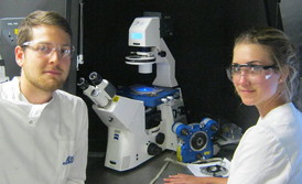 Users of the JPK NanoWizard AFM & CellHesion module housed in the Queensland node of the Australian National Fabrication Facility (ANFF-Q). Pictured are PhD students, Mr Anton Pluschke and Miss Grace Dolan.