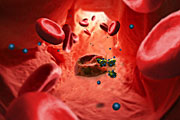 After maturation, malaria parasites (yellow) are leaving an infected red blood cell and are efficiently blocked by nanomimics (blue).Fig: Modified with permission from ACS
