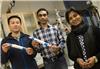 Aji Mathew assistant professor at Lule University of Technology with her graduate students Peng Liu and Zoheb Karim with prototypes of nano-filters.