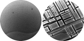 Low-energy electron microscopy images of the nickel-aluminum surface before and after oxidation. The faint lines before oxidation indicate the atom-high steps that separate flat terrace sections of the crystal surface. As oxidation begins at a point on one terrace, the oxide spreads in elongated stripes along that terrace, pushing steps out of the way and bunching them closer and closer together. Eventually the bunching of steps stops the growth of the oxide stripe and another begins to form, often at right angles, to produce a grid-like pattern.