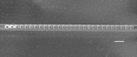 A SCANNING ELECTRON MICROSCOPE IMAGE OF THE DIAMOND PHOTONIC CAVITY SHOWS THE NANOSCALE HOLES ETCHED THROUGH THE LAYER CONTAINING NV CENTERS. THE SCALE BAR INDICATES 200 NANOMETERS.

CREDIT: EVELYN HU/HARVARD