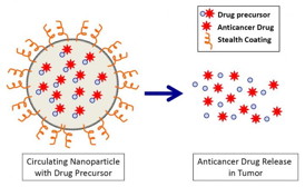 The nanoparticle is coated with a layer of polymer masking it from recognition and elimination by the immune system as it circulates in the body. When it reaches a tumor, it slowly releases a drug precursor. In the tumor, the specially designed precursor rapidly converts to a a potent anticancer drug.
CREDIT: Children's Hospital of Philadelphia