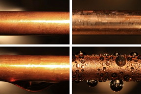 An uncoated copper condenser tube (top left) is shown next to a similar tube coated with graphene (top right). When exposed to water vapor at 100 degrees Celsius, the uncoated tube produces an inefficient water film (bottom left), while the coated shows the more desirable dropwise condensation (bottom right).

Courtesy of the researchers