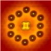 STM image of a phthalocyanine molecule centered within a hexagon assembled from twelve indium atoms on an indium arsenide surface. The positively charged atoms provide the electrostatic gate of the single-molecule transistor. Photo: PDI