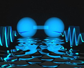 Researchers show that two photons, depicted in this artist's conception as waves (left and right), can be locked together at a short distance. Under certain conditions, the photons can form a state resembling a two-atom molecule, represented as the blue dumbbell shape at center.

Credit: E. Edwards/JQI