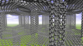 Carbon nanotube pillars between sheets of graphene may create hybrid structures with a unique balance of strength, toughness and ductility throughout all three dimensions, according to Rice University scientists. Five, seven or eight-atom rings at the junctions can force the graphene to wrinkle.Credit: Illustration by Shuo Zhao and Lei Tao/Rice University