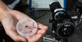 The circularly polarized light detector on a chip, on the left, performs the same function as the conventional, optically based detector on the right.
CREDIT: Anne Rayner, Vanderbilt University