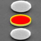 The figure shows a secondary electron microscopy image of one of the nano-scale engineered samples consisting of 400 nm diameter permalloy disks that were fabricated by means of electron beam lithography. The center disk has the lateral distribution of the magneto-optical response superimposed as a color-coded image. The strongly enhanced edge-excitation of the magneto-optical response is visible as a yellow rim structure here.
Credit: CIC nanoGUNE