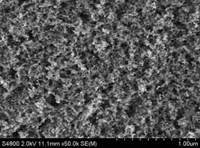 A scanning electron microscope image of a new superhydrophobic material shows the rough surface of functionalized alumina nanoparticles. Scientists at Rice University and the University of Swansea led the creation of the environmentally friendly material.Credit: University of Swansea