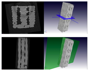 3D CT scans at 40 N show the internal structure of the central section of the tensile sample.
The brighter grey is plastic and black is air. The 3D view with plane shows the orientation of 
the 2D slice view to the left.