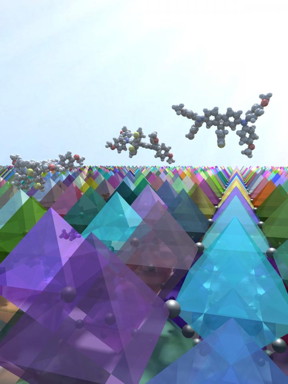 This is a 3-D illustration of FDT molecules on a surface of perovskite crystals.

Credit: Sven M. Hein Copyright: EPFL