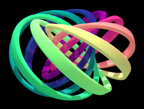 Visualization of the structure of the created quantum knot. Each colorful band represents a set of nearby directions of the quantum field that is knotted. Note that each band is twisted and linked with the others once. Untying the knot requires the bands to separate, which is not possible without breaking them.
CREDIT: David Hall