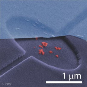 False colour scanning electronic micrograph (SEM) of hybrid graphene-NV near-field nano-optomechanical system.
CREDIT: ICFO
