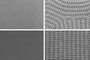 On the top row are two images of a nanomesh bilayer of PDMS cylinders in which the top layer is perpendicular to the complex orientation of the bottom layer. The bottom images show well-ordered nanomesh patterns of PDMS cylinders. The images on the right show zoomed-in views of the images on the left.

Courtesy of the researchers
