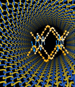 COF-505 is the first 3-D covalent organic framework to be made by weaving together helical organic threads, a fabrication technique that yields significant advantages in structural flexibility, resiliency and reversibility over previous COFs.

courtesy of Omar Yaghi, Berkeley Lab and UC Berkeley