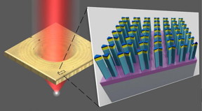 Experimentally obtained image of a Fresnel zone plate (left) for focusing light that is fabricated with plasmon-assisted etching. A two-dimensional array of pillar-supported bowtie nanoantennas [zoomed in image (right)] comprises this flat lens.
CREDIT: University of Illinois