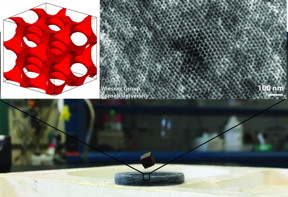 The Wiesner Group at Cornell University has synthesized the first block copolymer self-assembly-derived nanostructured superconductor. Shown is an example of a bismuth-based superconductor levitating a magnet, with simulated and electron microscope images of the nanostructured material.
CREDIT: Cornell University