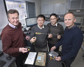 This photos shows nuclear theorist Dmitri Kharzeev of Stony Brook University and Brookhaven Lab with Brookhaven Lab materials scientists Qiang Li, Genda Gu, and Tonica Valla in a lab where the team measured the unusual high conductivity of zirconium pentatelluride.
CREDIT: Brookhaven National Laboratory