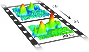 This is an image captured by CU-Boulder researchers using an ultrafast optical microscope shows clouds of electrons oscillating in gold material in space and time. The width of the image is 100 nanometers (about the size of a particle that will fit through a surgical mask), while the time between the top and bottom frame (10 fs, or femtoseconds) is less than 1 trillionth of a second.
CREDIT: University of Colorado