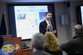 Dr. Christopher Voigt, a professor of biological engineering at the Massachusetts Institute of Technology, talks about his research in synthetic biology as part of a Distinguished Lecture Series held at the Office of Naval Research, located in Arlington, Va. ONR is recognized globally as a leader in its support of basic research in synthetic biology.
CREDIT: US Navy photo by John F. Williams/Released