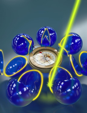 This artist's rendition shows a laser light guiding the evolution of an electronic spin within an atomic-scale defect in diamond. These light-driven loops give rise to a geometric phase, a quantum logic operation that shows remarkable resilience to noise.
CREDIT: Peter Allen