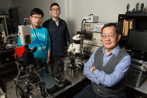 Graduate students Junyi Wu and Curtis Wang and professor Milton Feng found that light stimulates switching speed in the transistor laser, a device they hope will usher in the next generation of high-speed data transmission.

 

Photo by L. Brian Stauffer