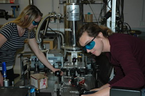 Erica Calman and Chelsey Dorow align optics required to collect measurements from a molybdenum disulfide sample.
CREDIT: Calman