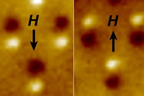 Magnetic microscope image of three nanomagnetic computer bits. Each bit is a tiny bar magnet only 90 nanometers long. The microscope shows a bright spot at the "North" end and a dark spot at the "South" end of the magnet. The "H" arrow shows the direction of magnetic field applied to switch the direction of the magnets.

Image by Jeongmin Hong and Jeffrey Bokor