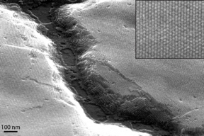 A scanning electron micrograph of a nanocrystal superlattice shows long-range ordering over large domains.

Image courtesy of the Tisdale Lab.