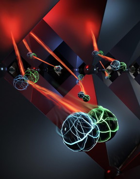 Depiction of photon recycling inside the crystalline structure of perovskite.
CREDIT: Criss Hohmann