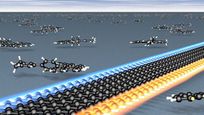 Illustration of a graphene nanoribbon with zigzag edges and the precursor molecules used in its manufacture. Electrons on the two zigzag edges display opposite directions of rotation (spin) - "spin-up" on the bottom edge (red) or "spin-down" on the top edge (blue).