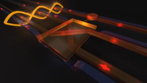 An artist's rendering of the quantum Fredkin (controlled-SWAP) gate, powered by entanglement, operating on photonic qubits.
CREDIT: Raj Patel and Geoff Pryde, Center for Quantum Dynamics, Griffith University.