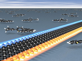Illustration of a graphene nanoribbon with zigzag edges and the precursor molecules used in its manufacture. Electrons on the two zigzag edges display opposite directions of rotation (spin) -- "spin-up" on the bottom edge (red) or "spin-down" on the top edge (blue).
CREDIT: EMPA