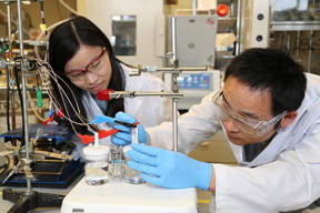 Researchers Xueli Zheng, left, and Dr. Bo Zhang set up their device to efficiently split water to store energy as hydrogen. The key is a catalyst made of tungsten, iron and cobalt that is over three times more efficient than the current state-of-the-art.
CREDIT: Marit Mitchell