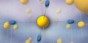 Structure with symmetric hydrogen bonds induced by the quantum behavior of the protons, represented by the fluctuating blue spheroids

Credit: UPV/EHU