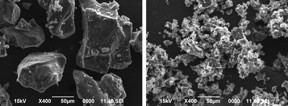 Chunks of this sodium-based compound (Na2B12H12) (left) would function well in a battery only at elevated temperatures, but when they are milled into far smaller pieces (right), they can potentially perform even in extreme cold, making them even more promising as the basis for safer, cheaper rechargeables.
CREDIT: Tohoku University, Japan