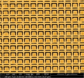 This gold metamaterial nanostructure is a nanoscale version of the structure described by the University of Southampton researchers in Applied Physics Letters, and it exhibits large specular optical activity for oblique incidence illumination with light (rather than specular optical activity for microwaves).
CREDIT: Eric Plum, Vassili A. Fedotov, and Nikolay I. Zheludev