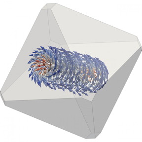 This micromagnetic model shows the three-dimensional vortex structure of magnetite nanocrystals.
CREDIT: University of Edinburgh